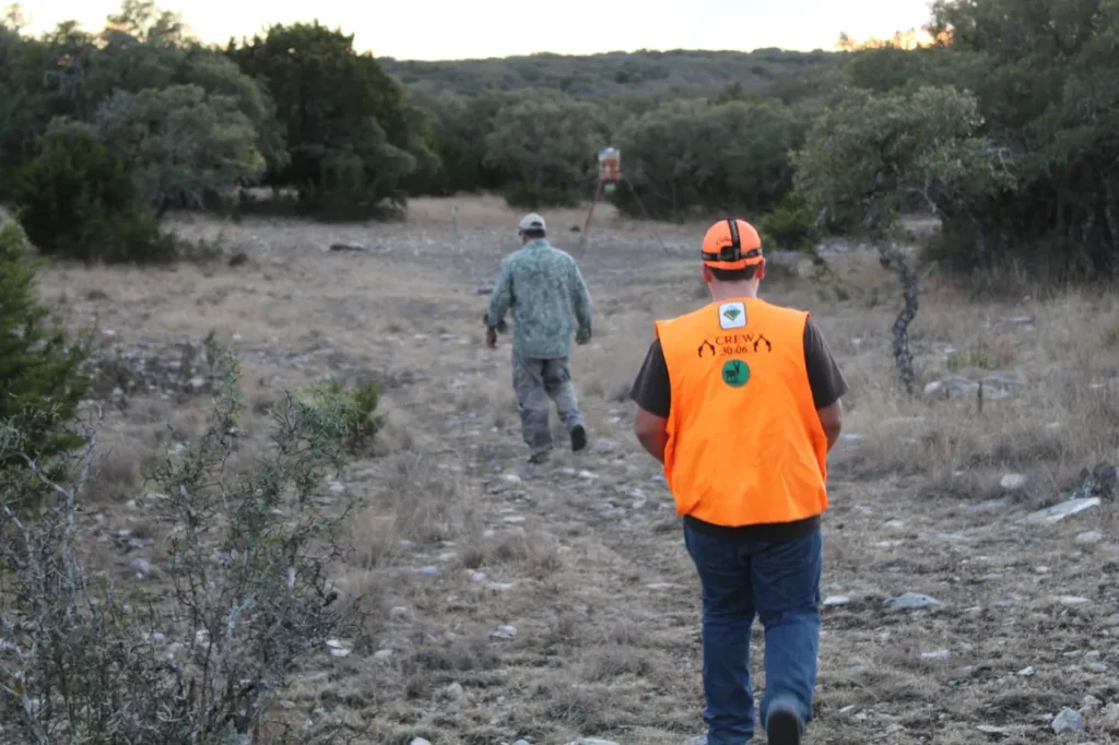 Two men in orange vests walking through a field.