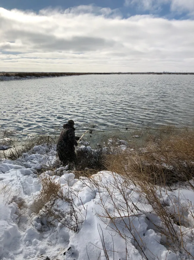 A person standing on the shore of a lake.