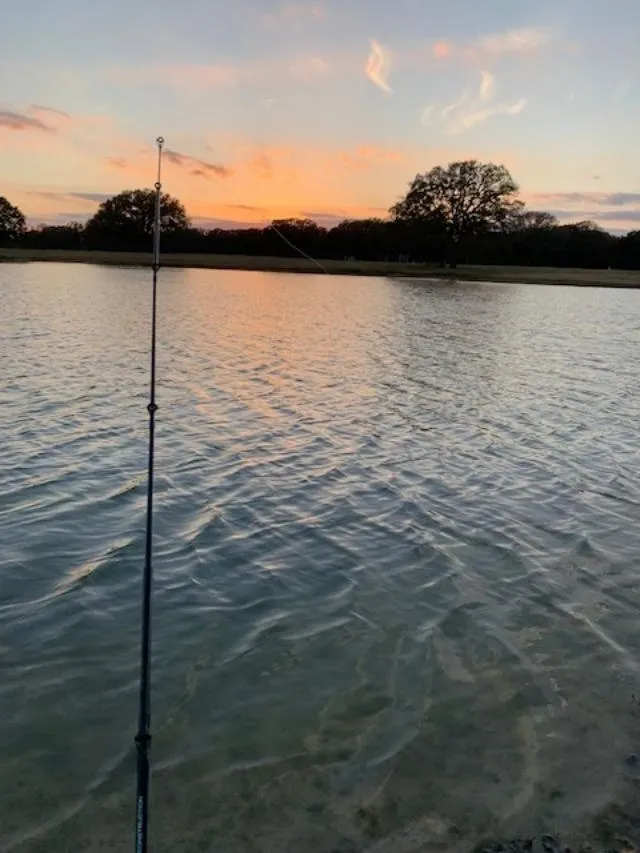 A fishing pole in the water at sunset.