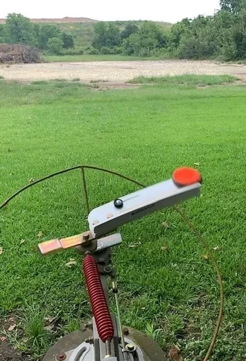 A wooden stick with an orange object on it.