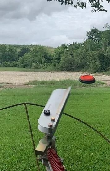 A red frisbee is flying in the air.