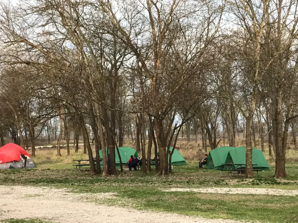 A group of tents in the woods with picnic tables.