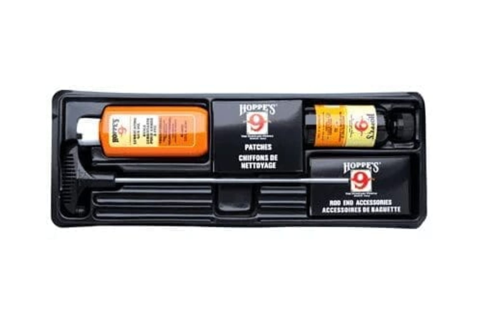 A black plastic case with some orange and yellow labels