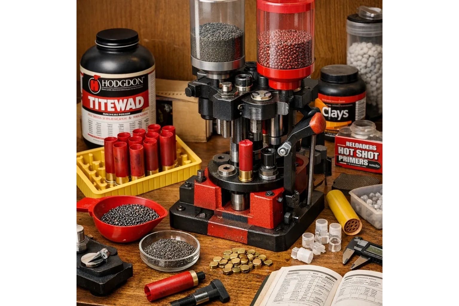 Bullet reloading equipment and supplies on table.