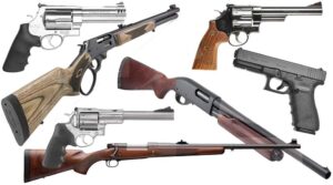 A variety of guns are shown in this image.