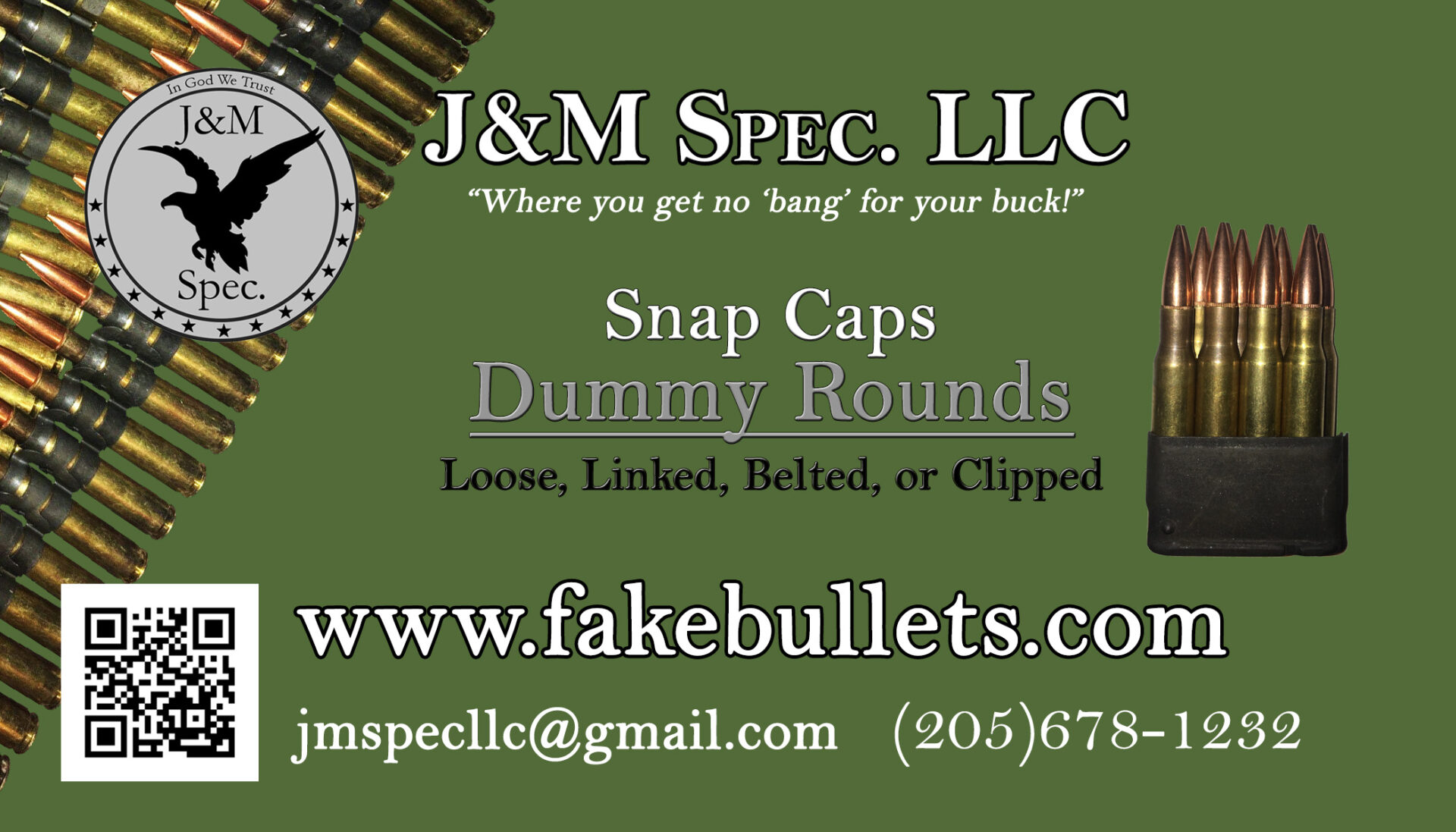 A business card for fake bullets and dummy rounds.