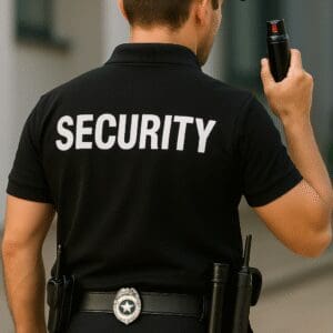 Private security personnel holding pepper spray.