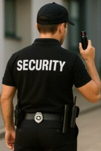 Private security officer holding pepper spray.