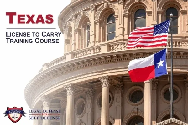 Texas capitol with flags, license course advertisement.
