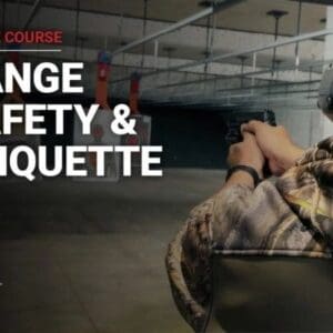 Person shooting at indoor range, online course.