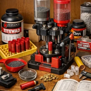 Bullet reloading equipment and supplies on table.
