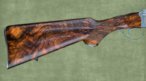 Polished burl wood shotgun stock and trigger