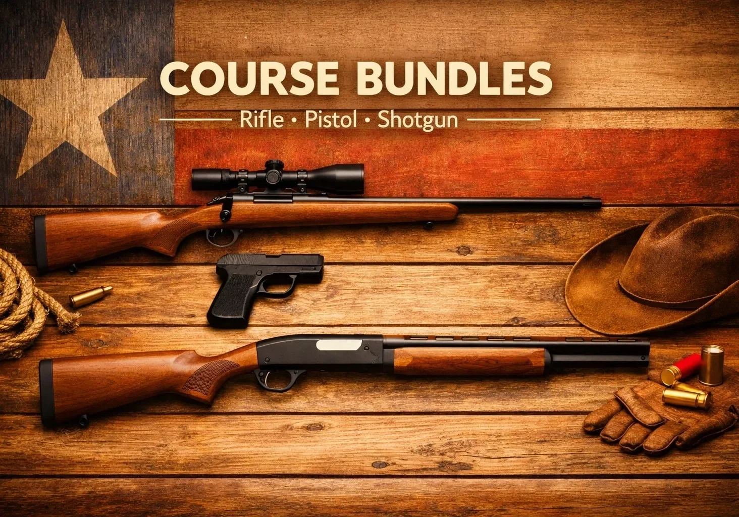 Rifle, pistol, shotgun on wooden table