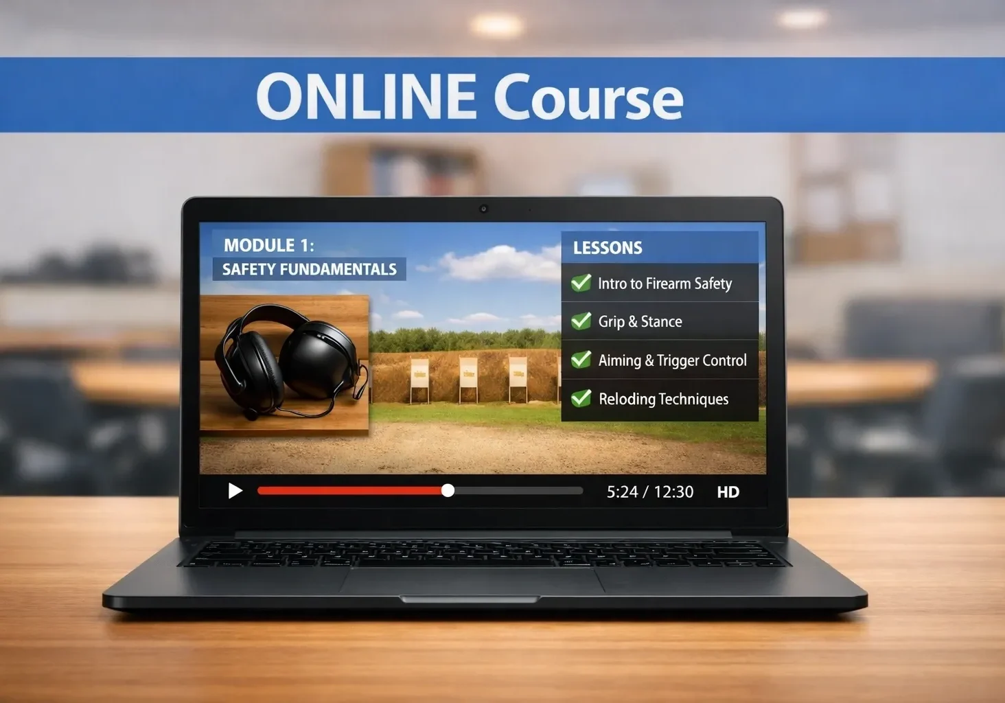 Laptop displaying online firearm safety course
