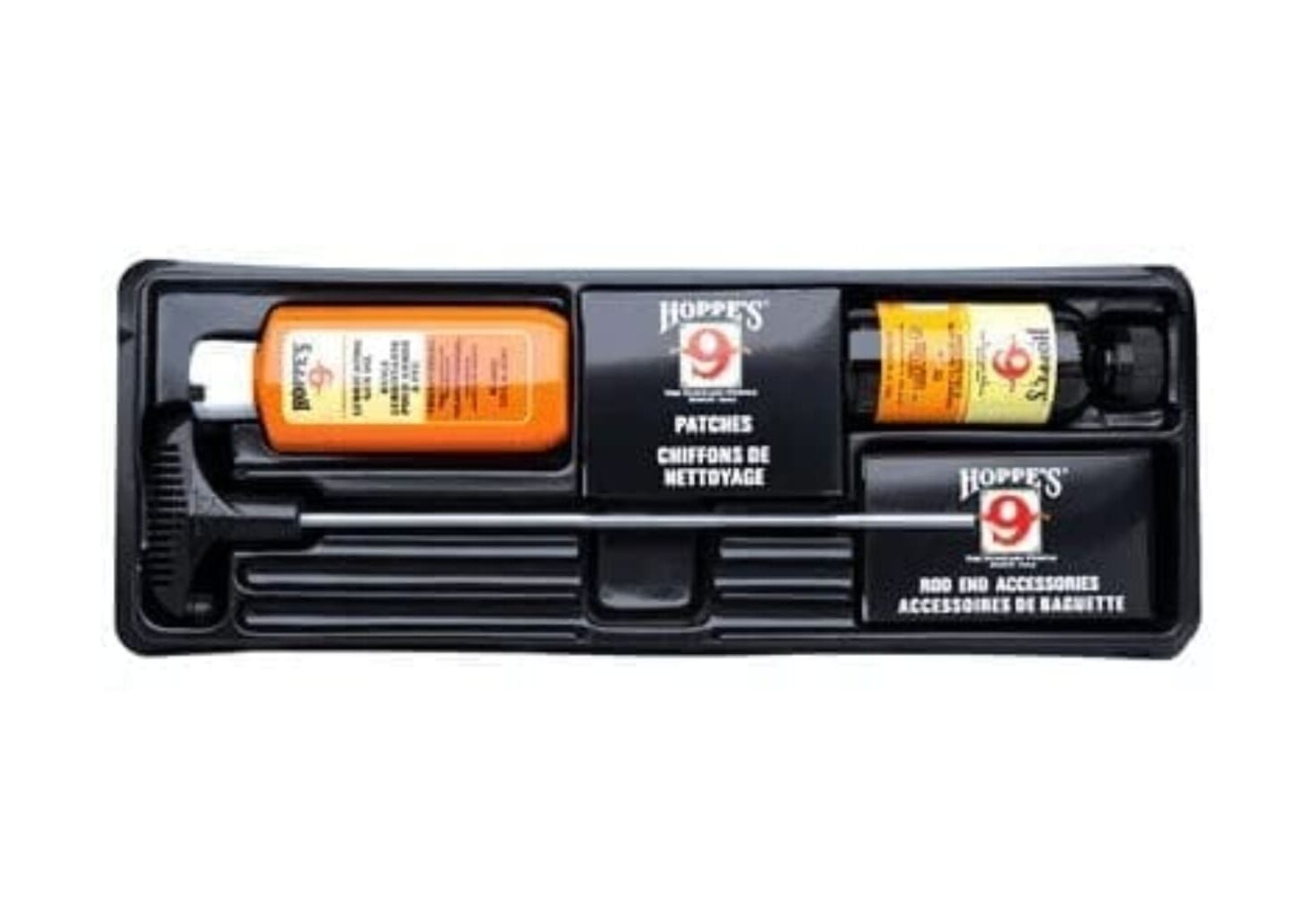 A black plastic case with some orange and yellow labels