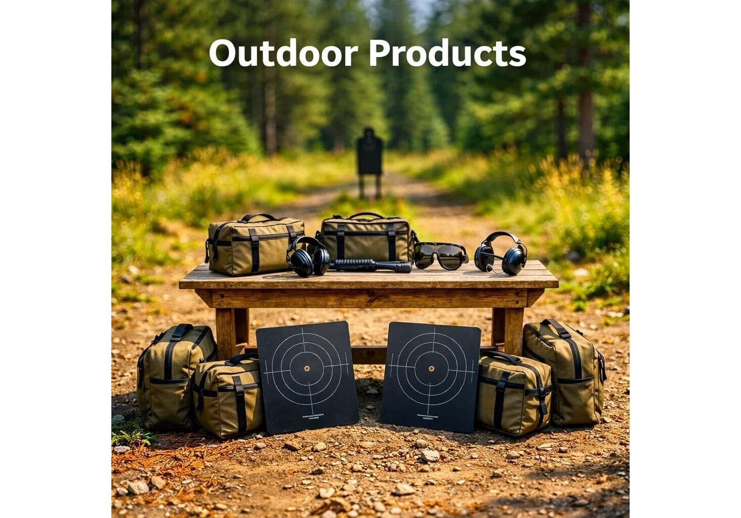 Outdoor shooting gear and targets on bench