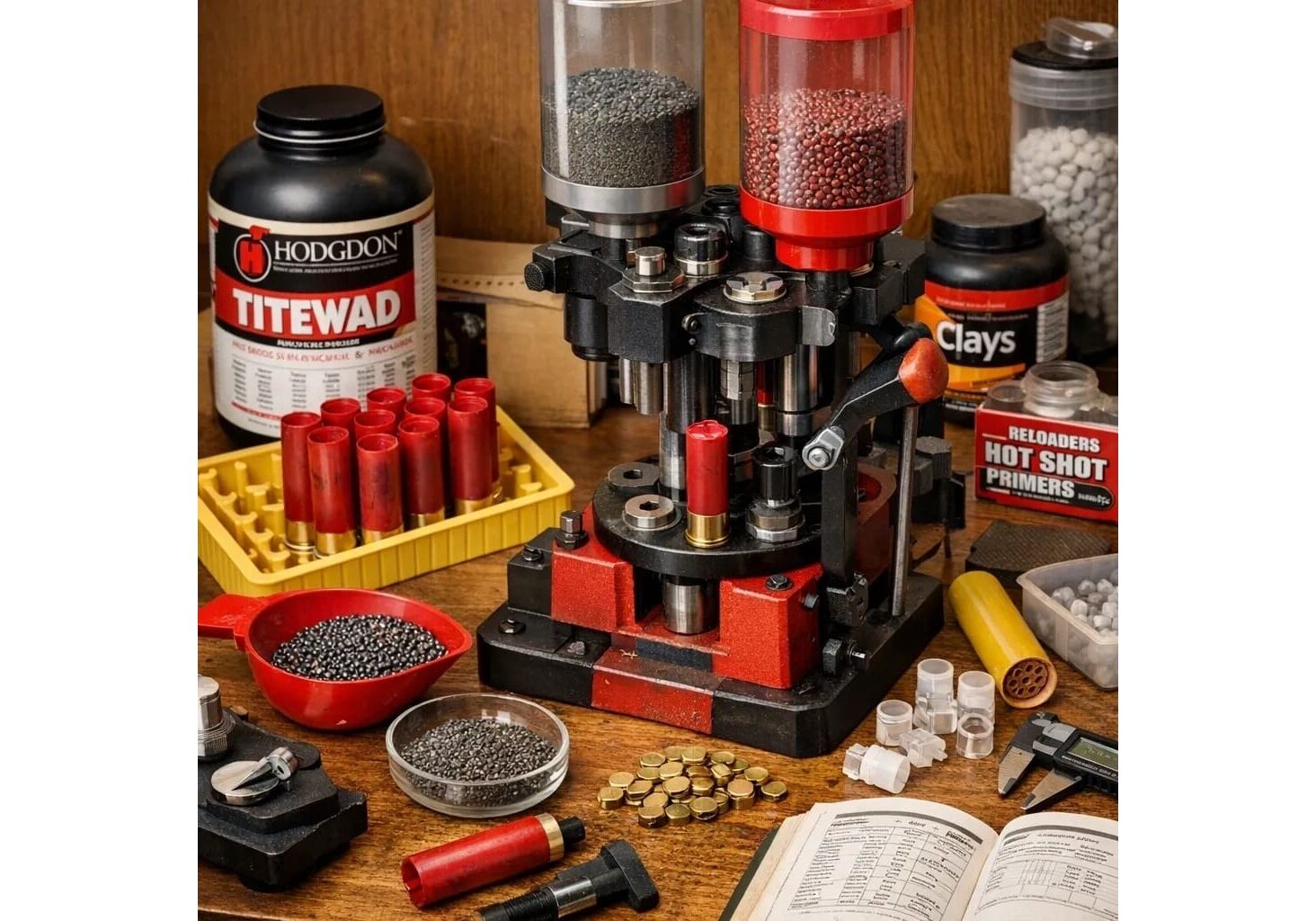 Bullet reloading equipment and supplies on table.